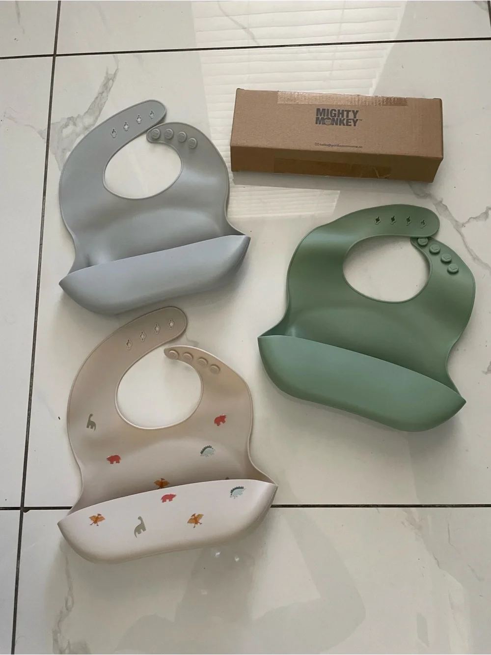 Silicone Baby Bibs - Sage Green, Light Gray, Cream Dino